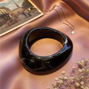 Retro Black And White Swirl Marbled Wide Bangle Bracelet - Modernist Statement